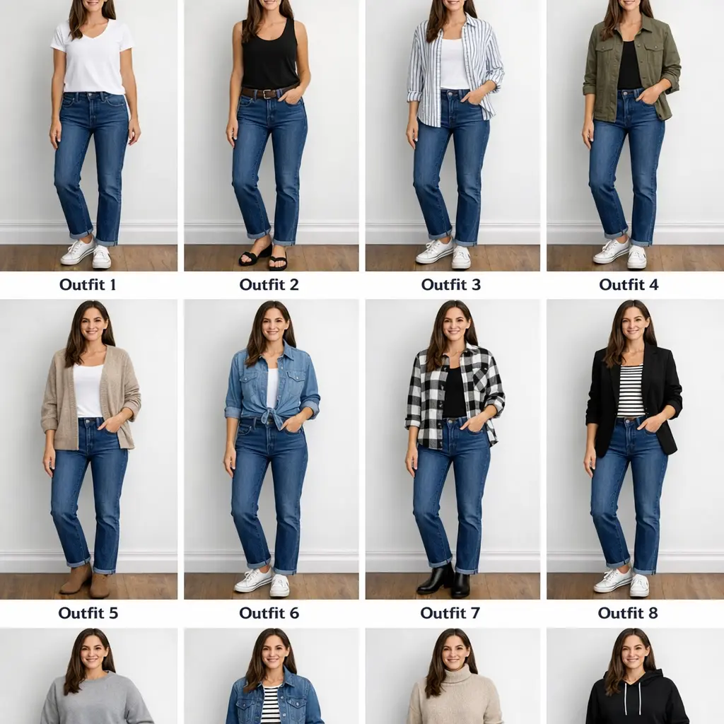 Twelve different back to school outfits created from one pair of jeans and various capsule wardrobe tops