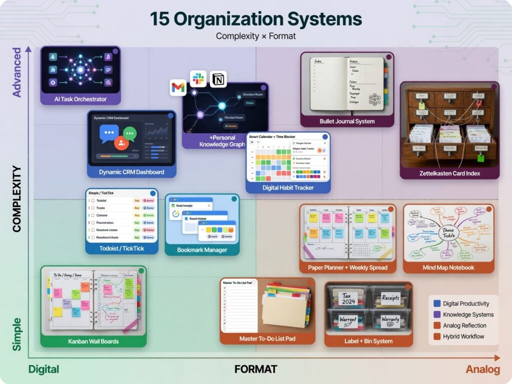 How to stay organized in school Chart showing 15 organization systems mapped by complexity (simple to advanced) and format (digital to analog), with icons for each system
