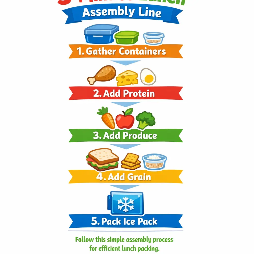 Infographic showing five steps to pack quick school lunch ideas in under 5 minutes