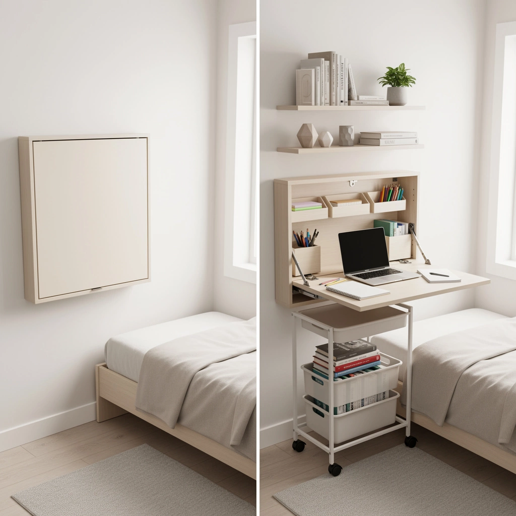 Wall-mounted fold-down homework desk demonstrating space-saving homework station for small bedrooms