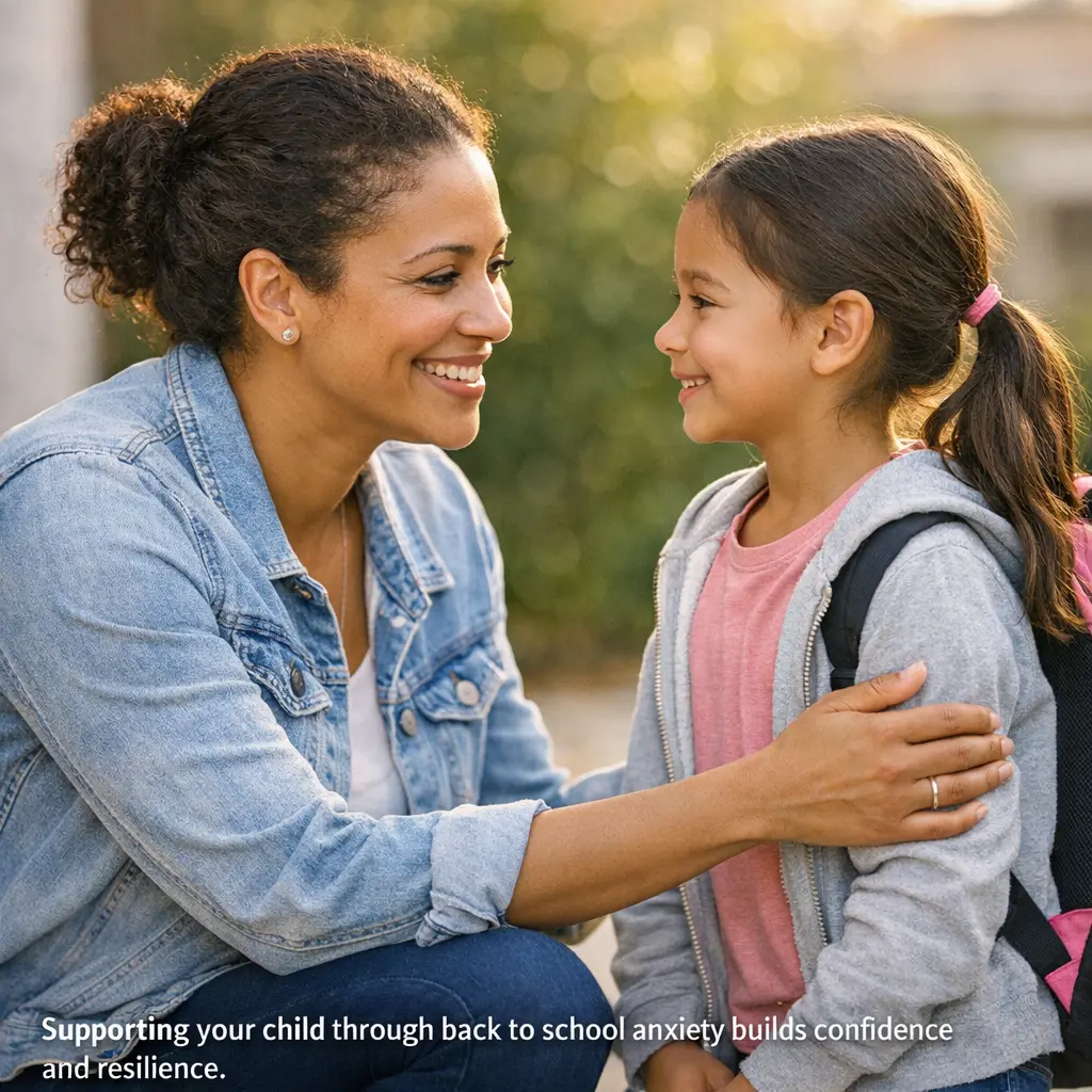 Parent providing reassurance to child experiencing back to school anxiety before first day