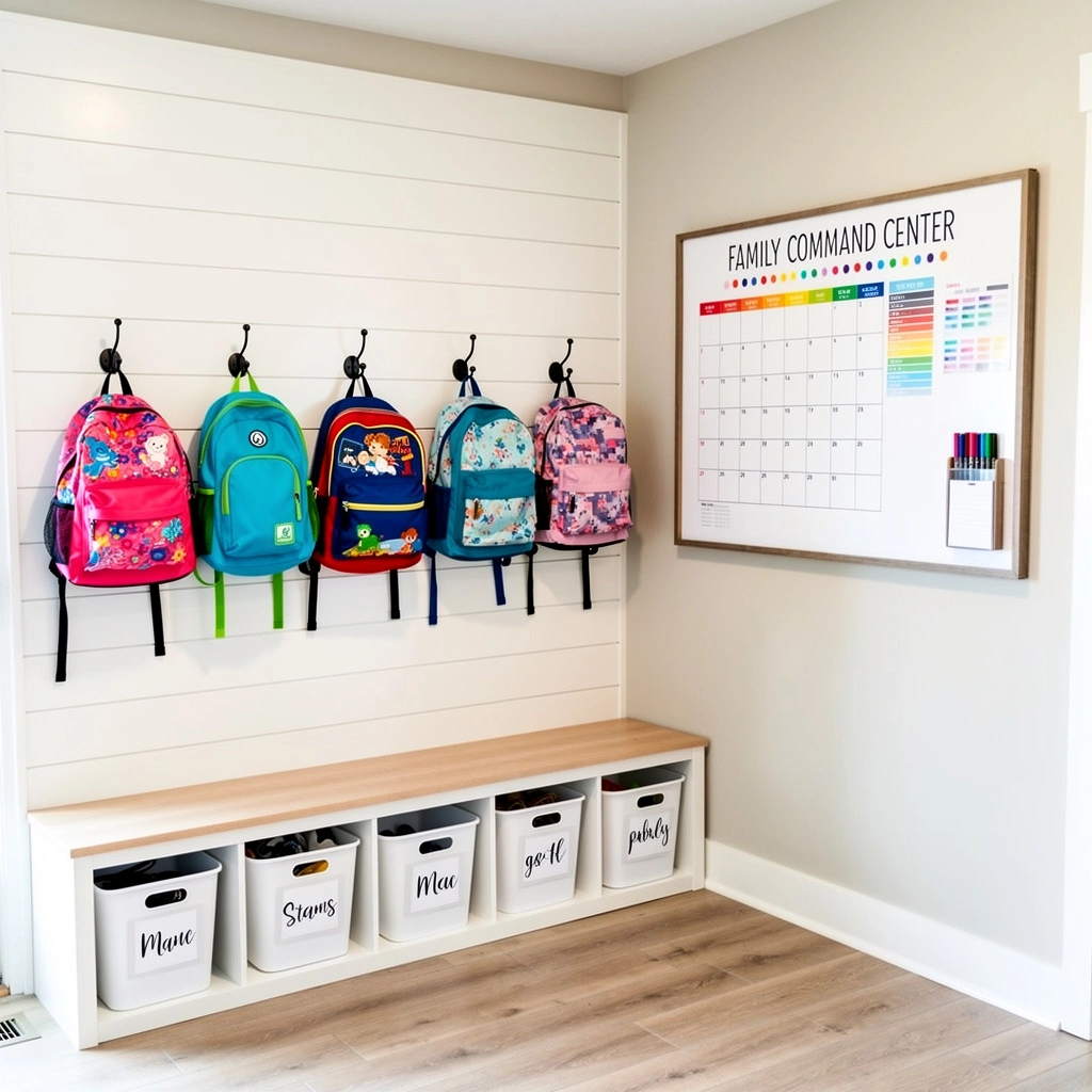 Organized back to school landing zone with backpack hooks and bins for each child