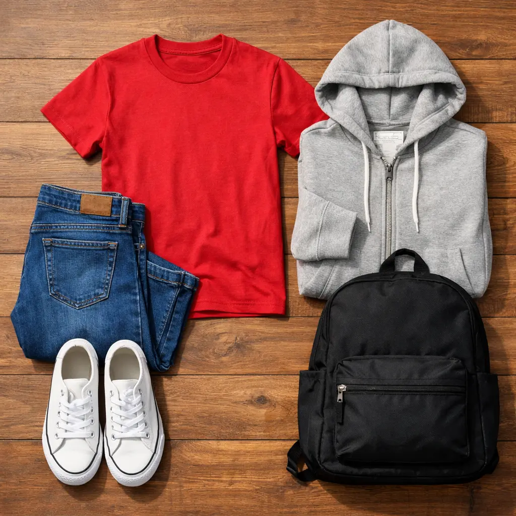 First day of school outfit flat lay with jeans, shoes, and backpack