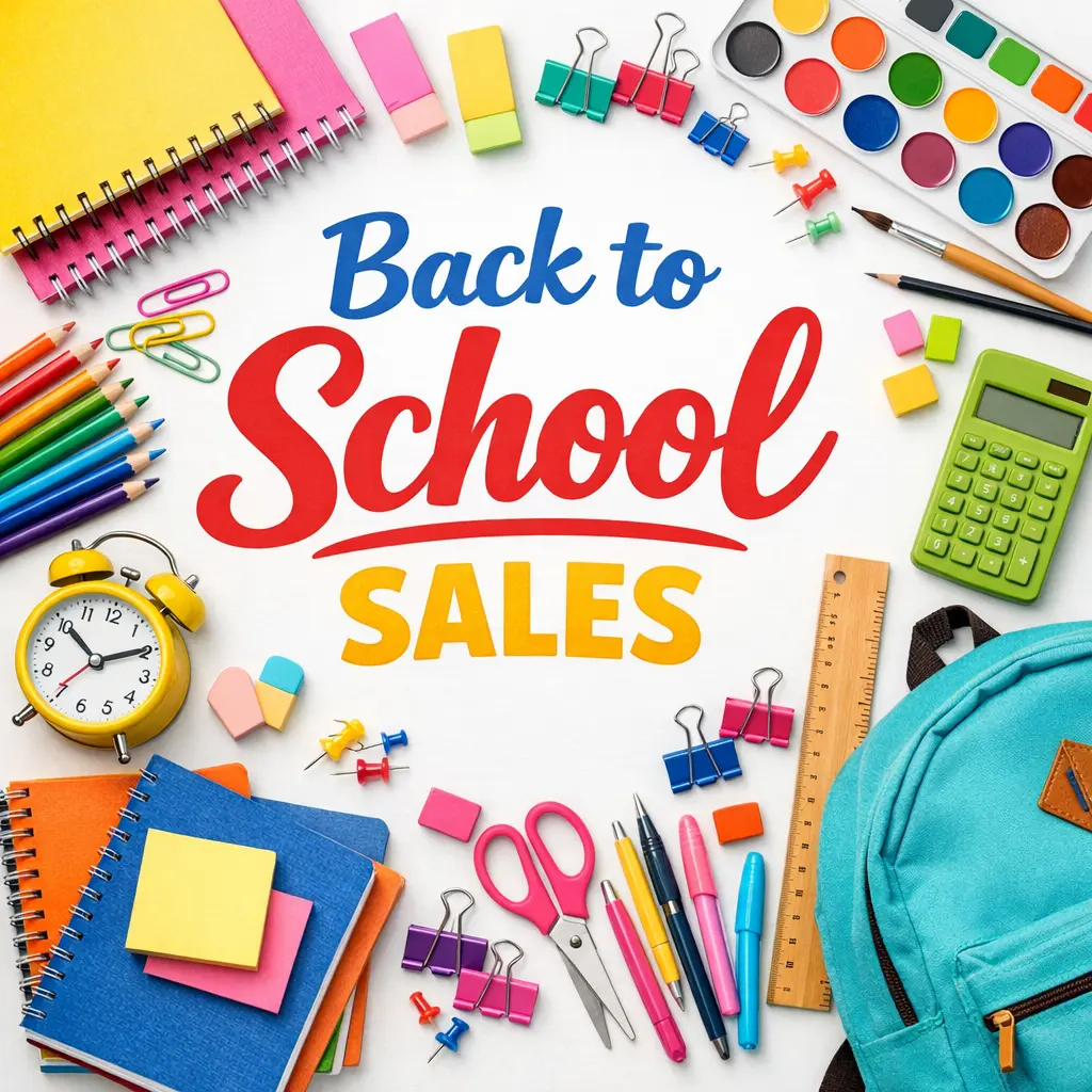 Back to school sales supplies including notebooks, pencils, backpack and calculator arranged on white background