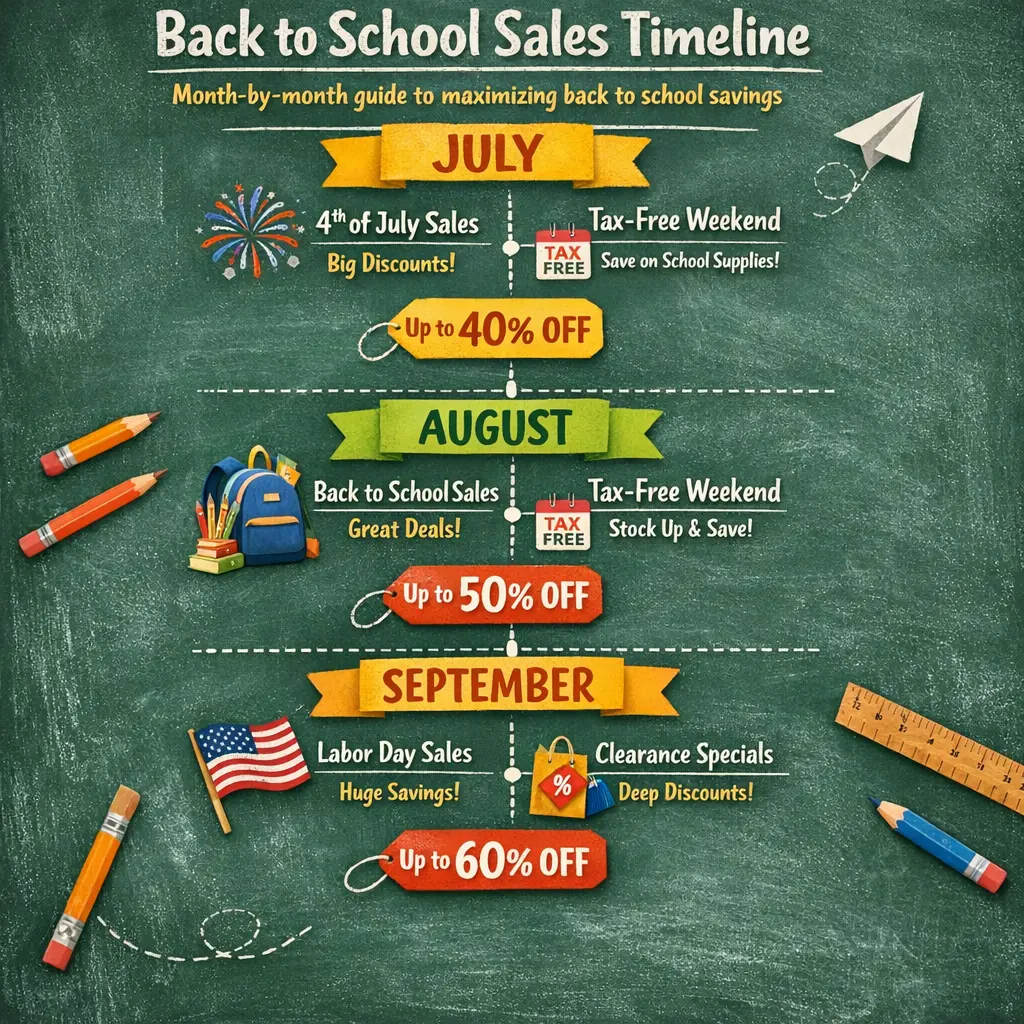 Back to school sales timeline showing best times to shop from July through September