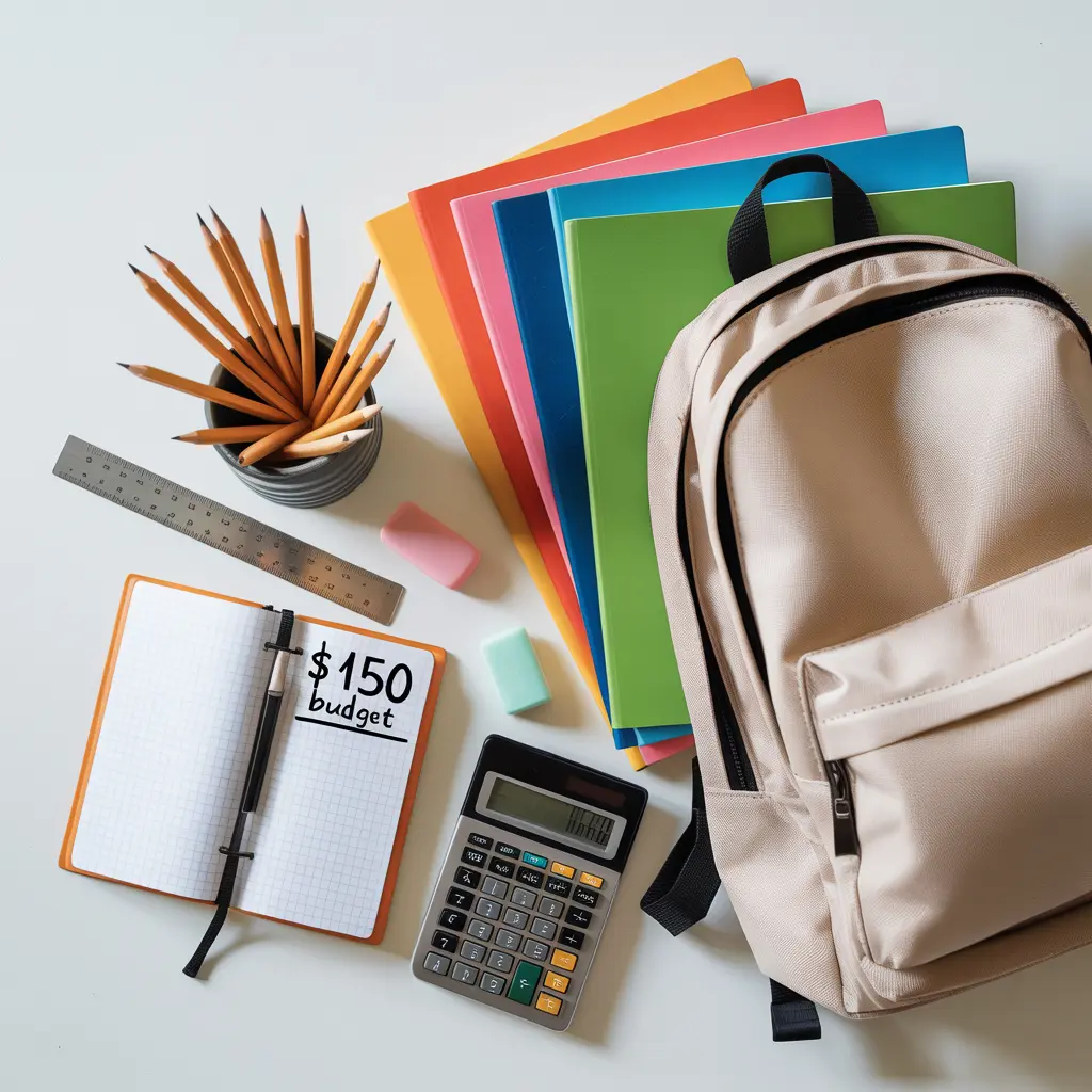 Back to school shopping list on a budget with essential supplies including folders, notebooks, pencils, backpack, and budget planner on white background