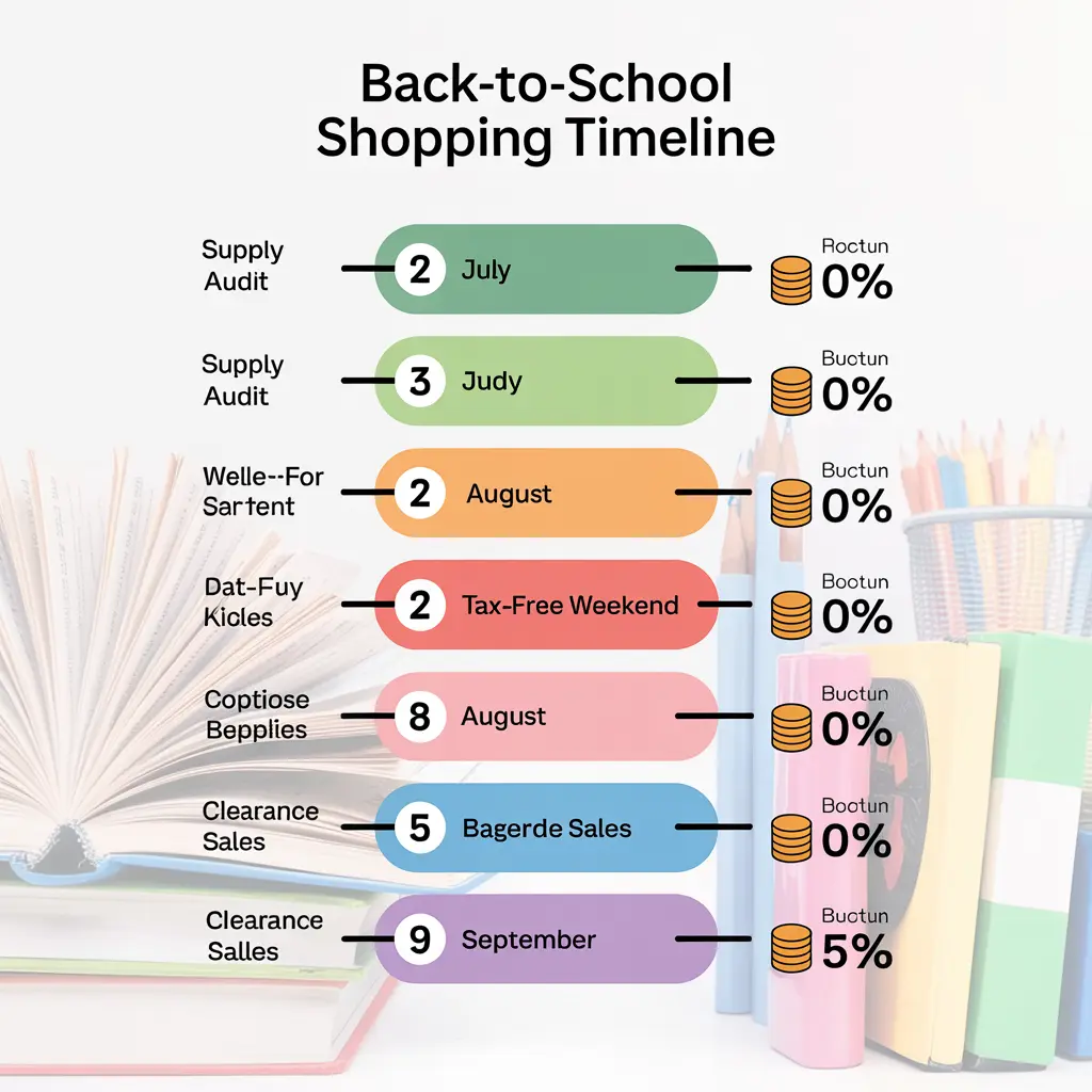Back to school shopping timeline showing when to buy supplies on a budget from July through September with savings percentages