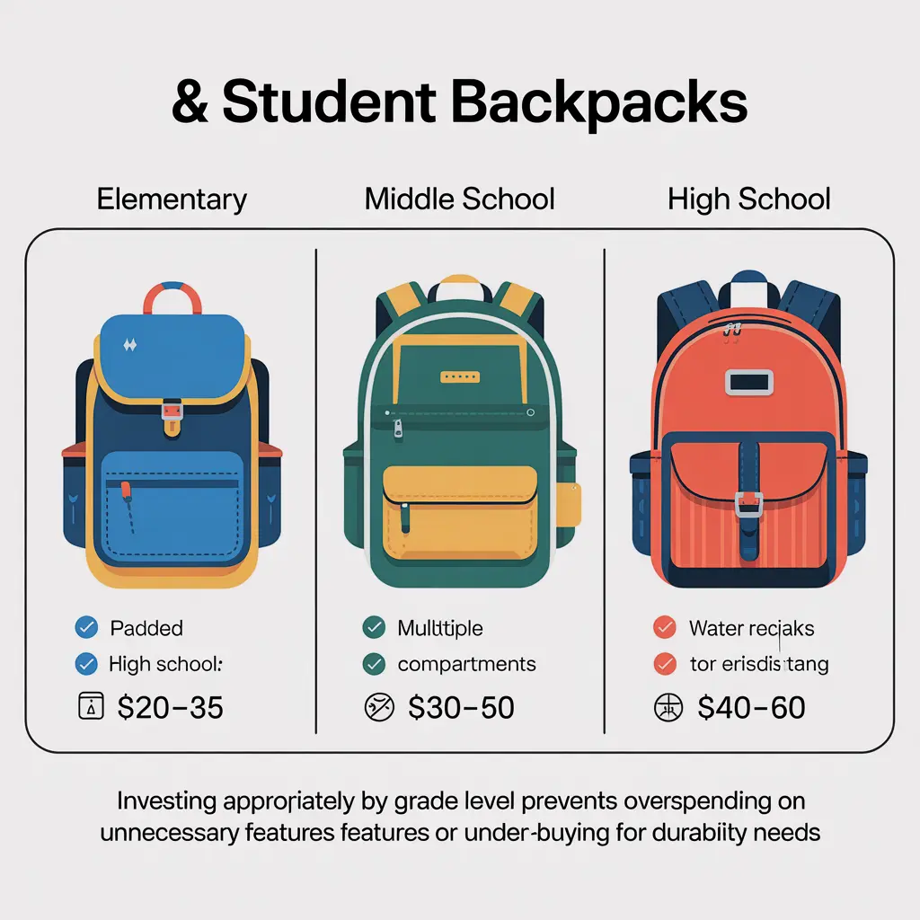 Backpack budget guide comparing costs and features needed for elementary, middle school, and high school students