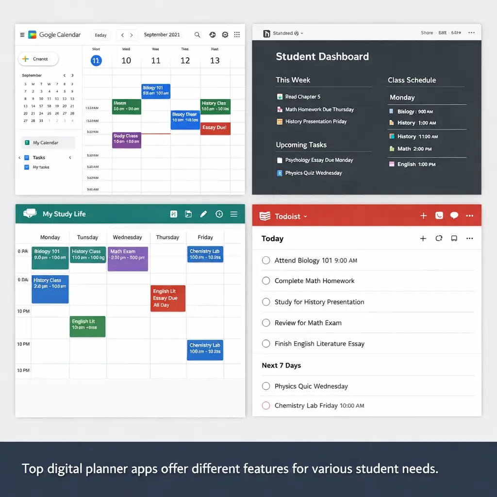 Best digital planner apps for students including Google Calendar Notion and My Study Life