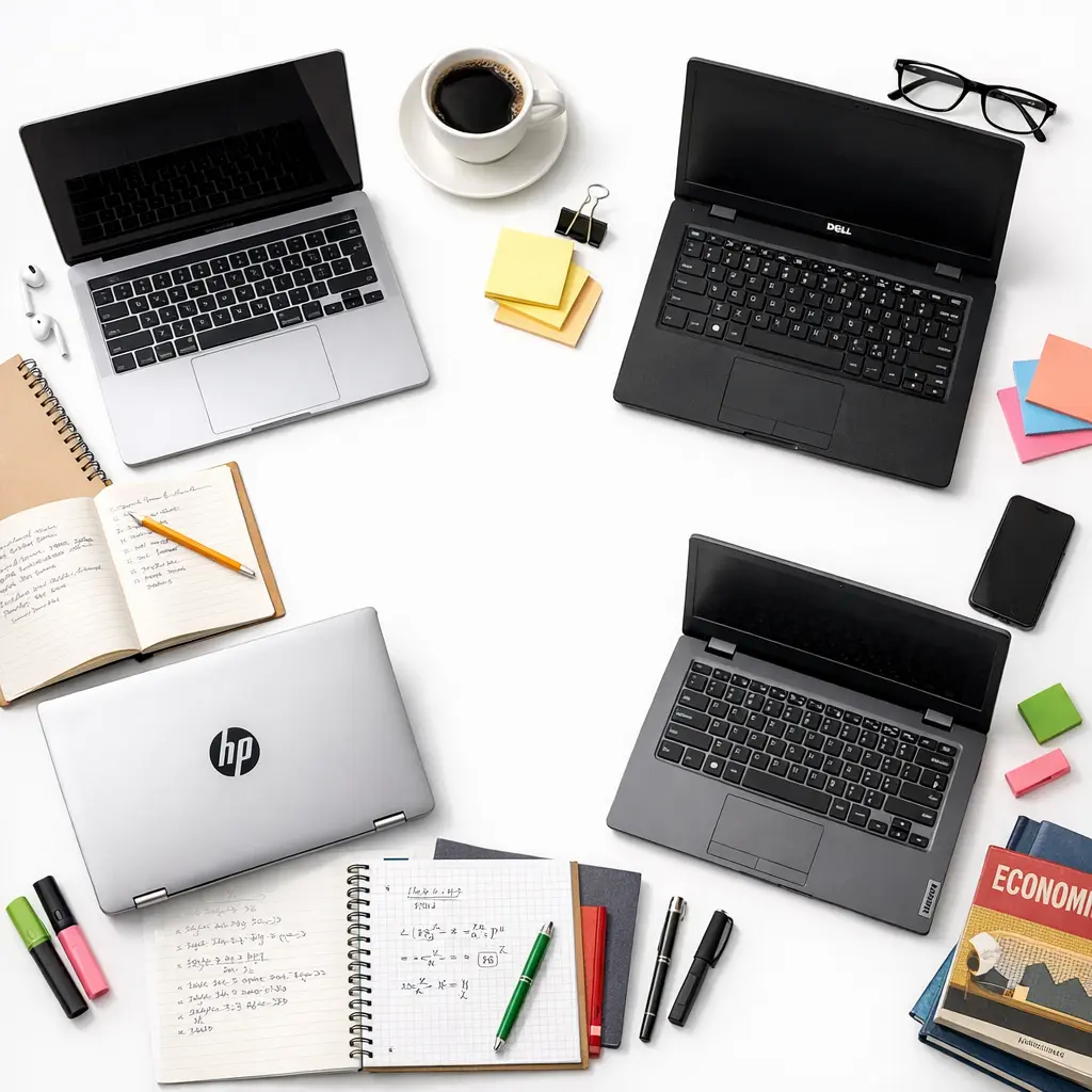 Best laptops for students ranging from budget to premium models displayed with college study materials