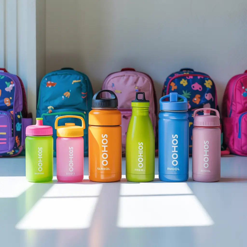 Best water bottles for school arranged by size with backpacks