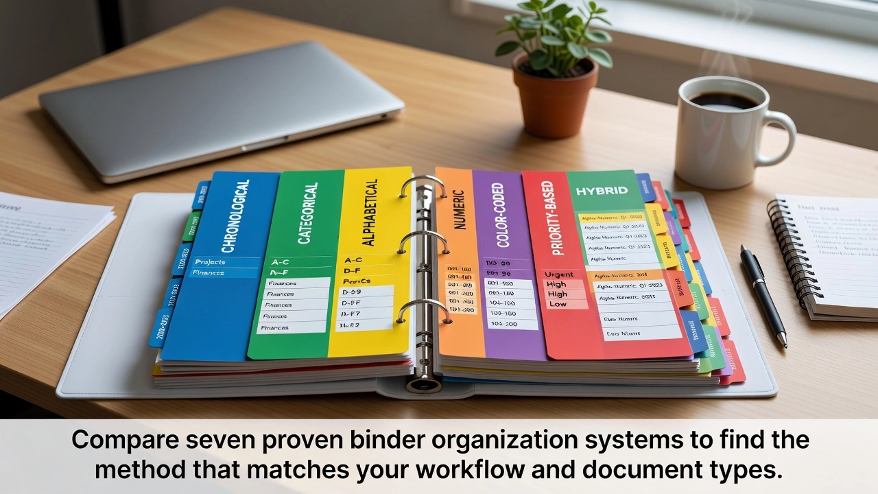 Seven different binder organization systems displayed with labeled dividers showing chronological, categorical, alphabetical, numeric, color-coded, priority-based and hybrid methods