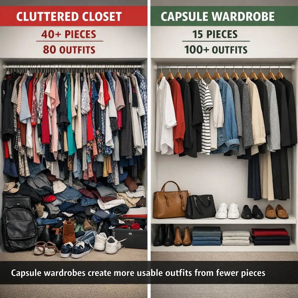 Comparison of cluttered traditional wardrobe versus organized capsule wardrobe for school