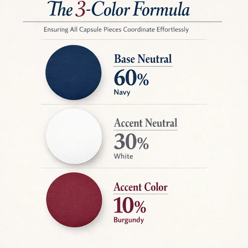 Color coordination formula for school capsule wardrobe showing base neutral, accent neutral, and accent color percentages