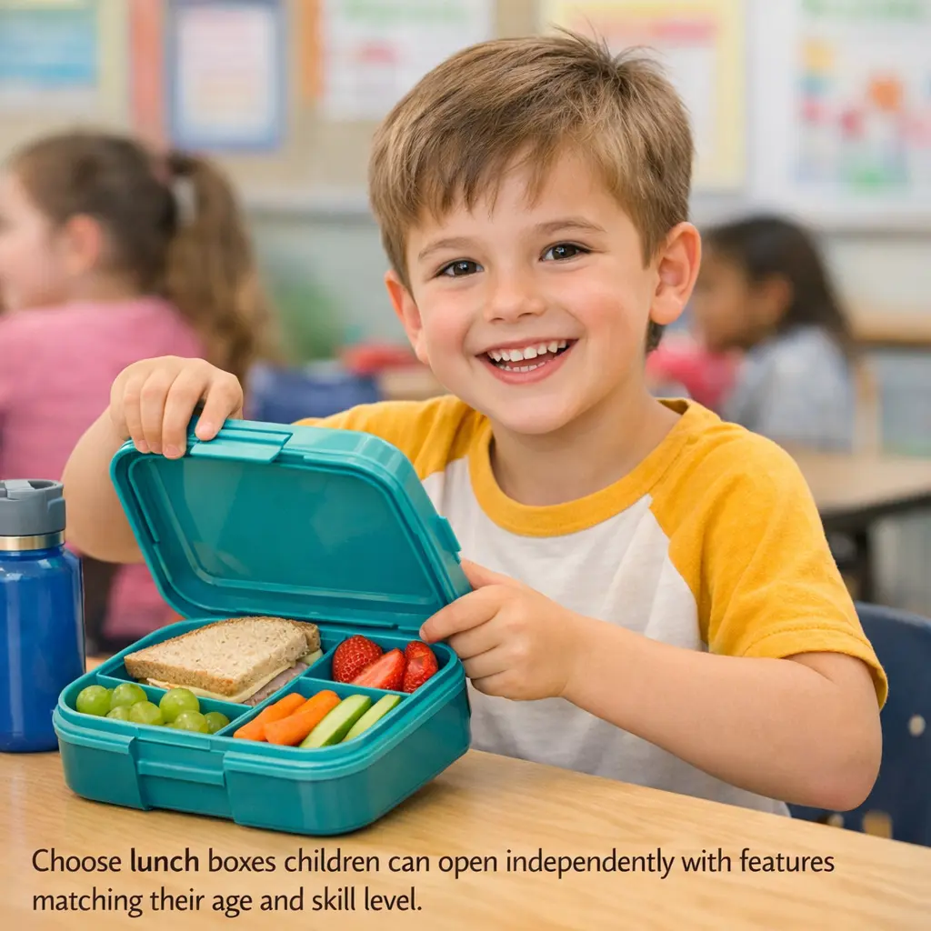 Elementary student opening lunch box at school cafeteria revealing healthy packed lunch