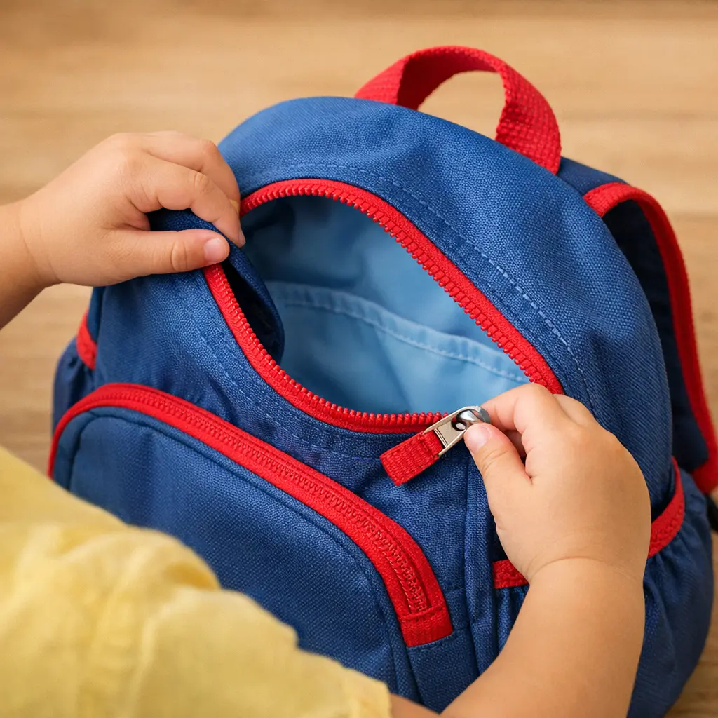 Preschooler opening backpack independently showing easy-access zipper