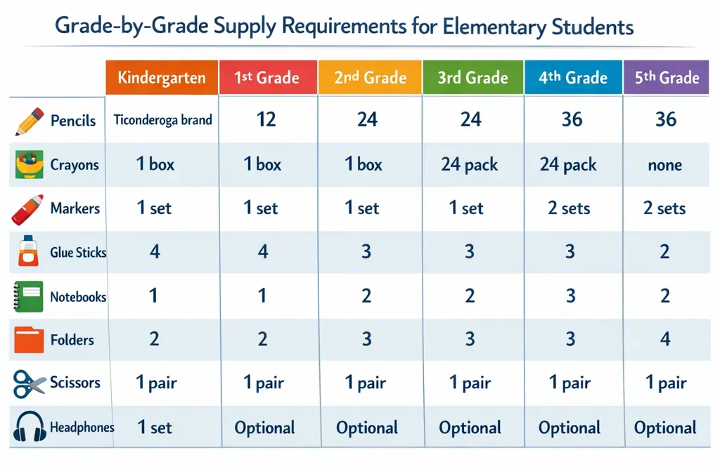 School supply list comparison chart showing specific needs for kindergarten, first, second, third, fourth, and fifth grades