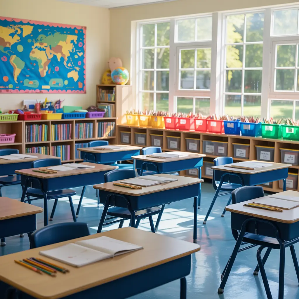 Well-organized elementary classroom with labeled storage and essential teaching supplies