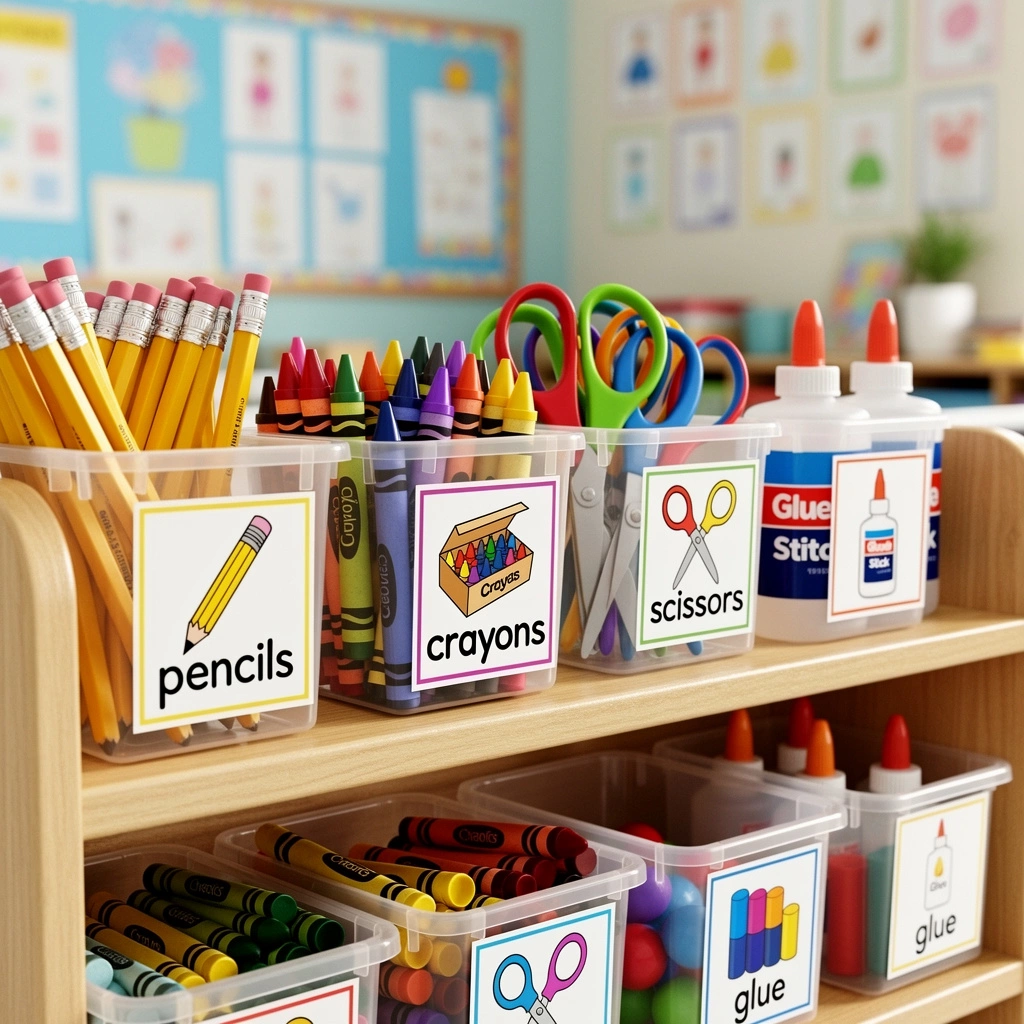 Classroom supply station with clear labeled bins organized by supply type on accessible shelving