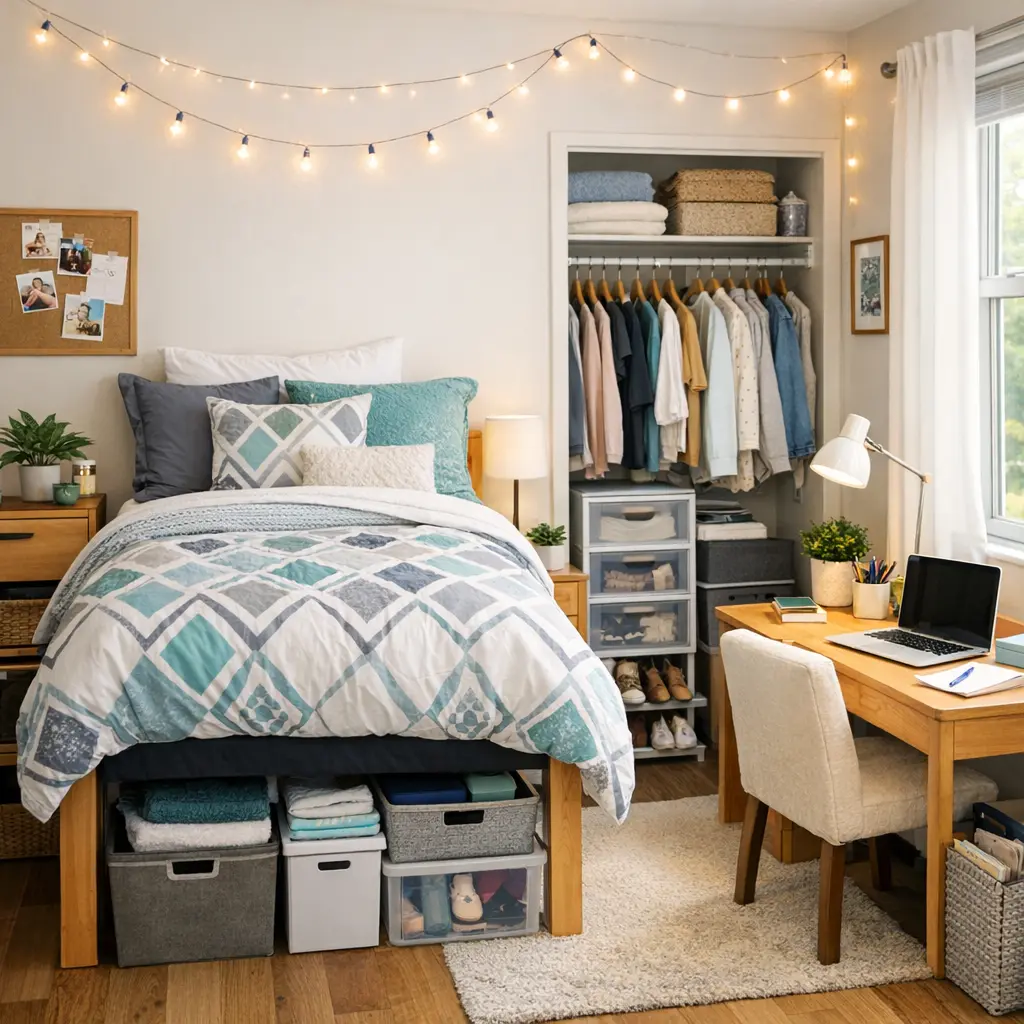 College dorm essentials arranged in organized freshman dorm room with bedding, desk, and storage