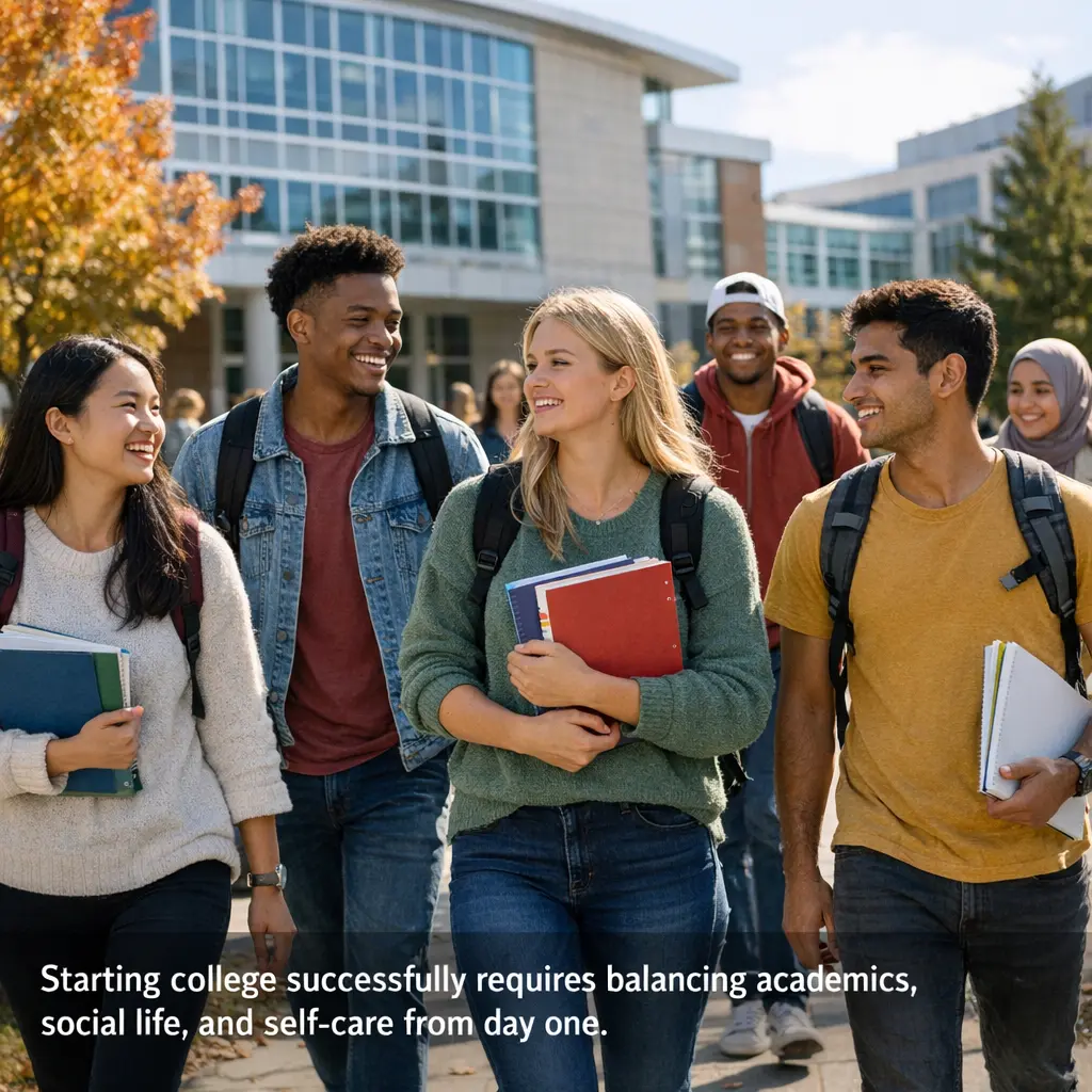 College freshmen walking on campus with backpacks during first week of school