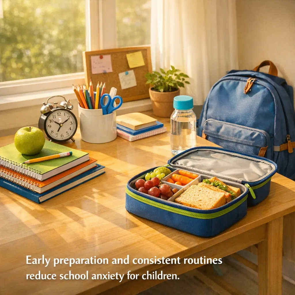 Organized school supplies and backpack representing preparation for reducing back to school anxiety