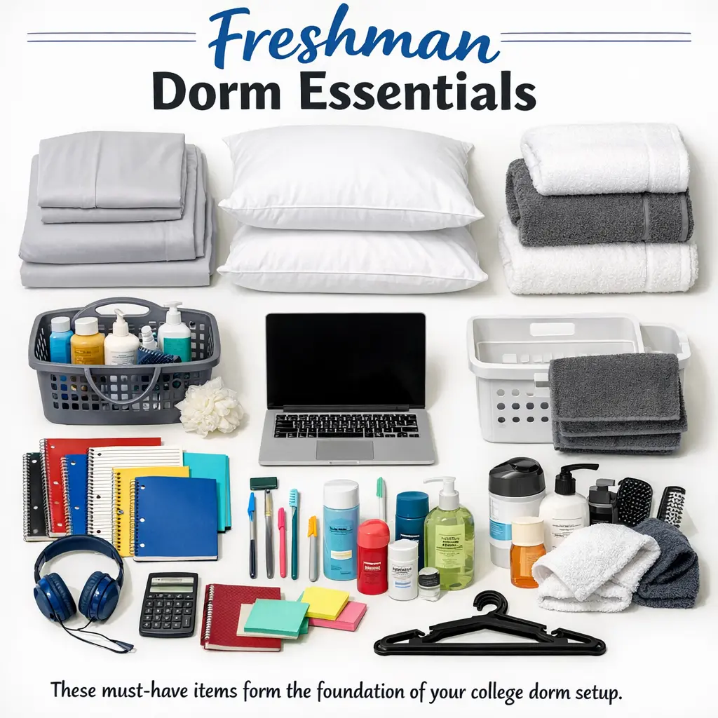 Flat lay of college dorm essentials including bedding, toiletries, school supplies, and storage
