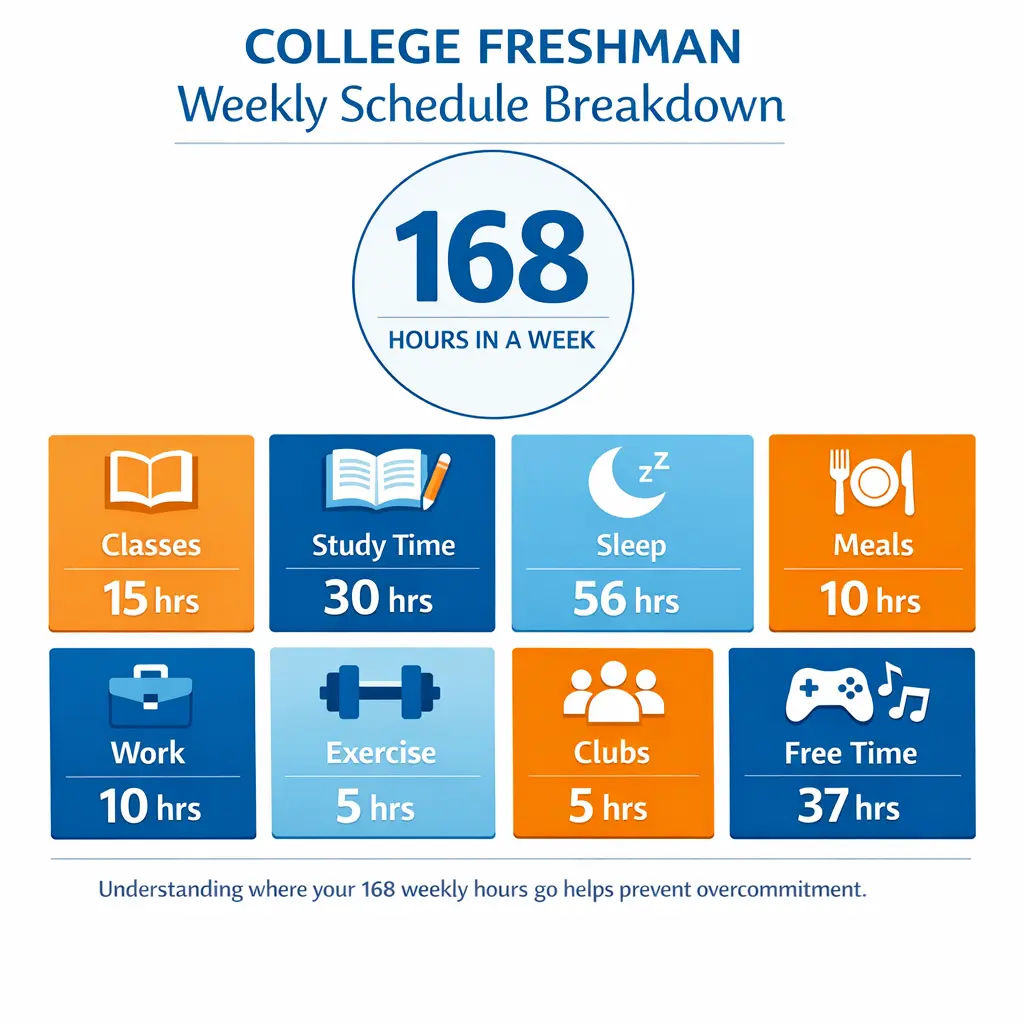 Infographic showing how college freshmen should allocate 168 weekly hours across academics, sleep, and activities
