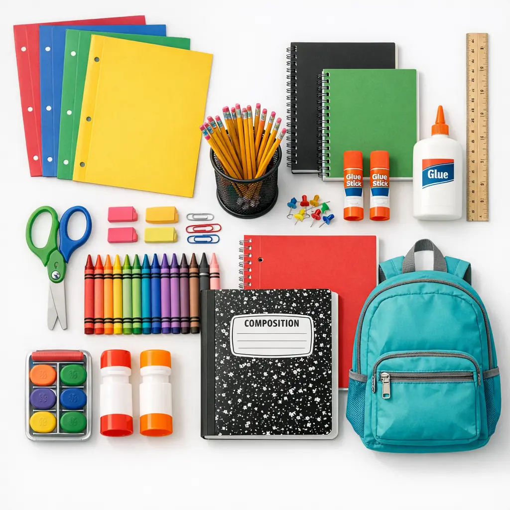 elementary school supply list organized by type including folders, pencils, notebooks, and backpack for grades K through 5