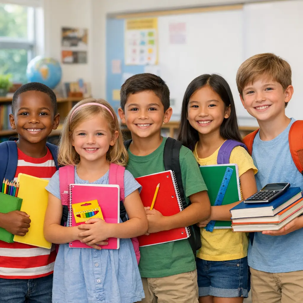 elementary school supply list children with backpacks and school supplies ready for new school year
