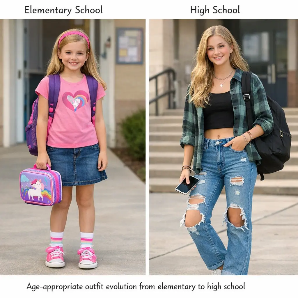 Comparison of elementary and high school first day of school outfits