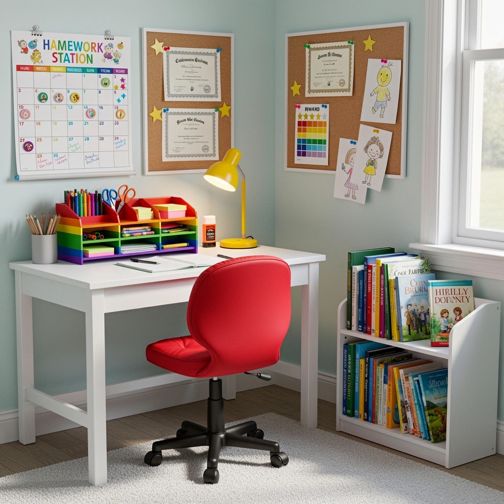 Elementary school homework station with child-sized desk, colorful organization, and age-appropriate supplies