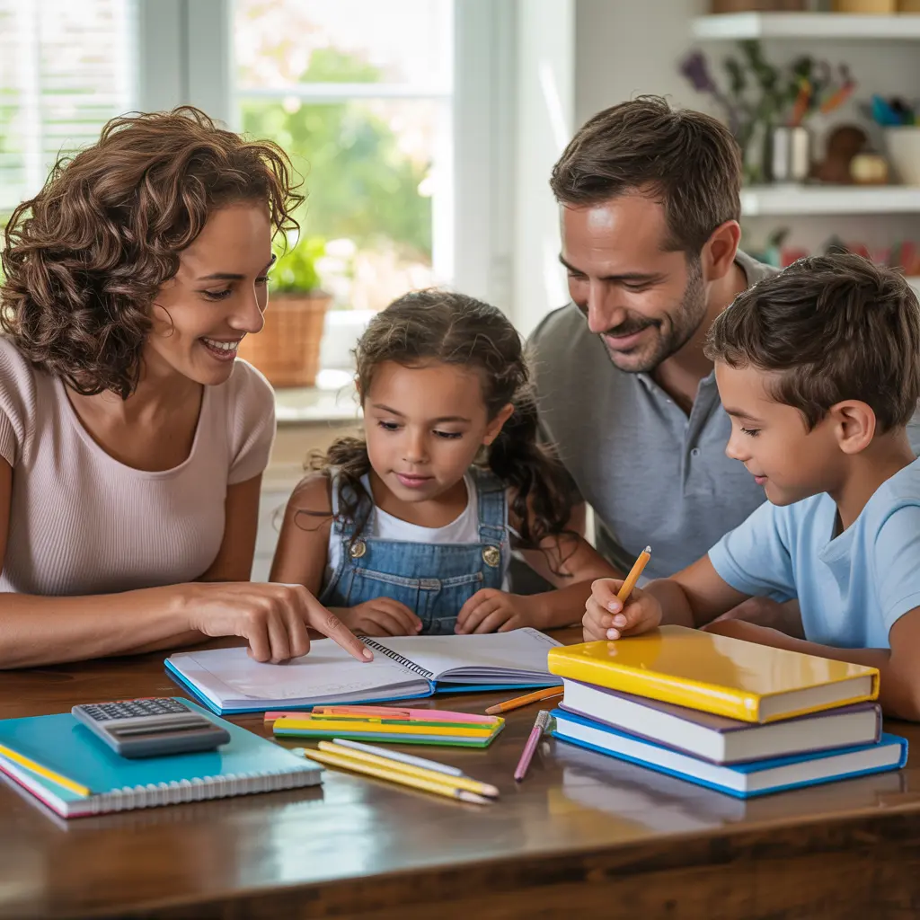 Family creating back to school shopping list on a budget together at kitchen table with supplies and calculator