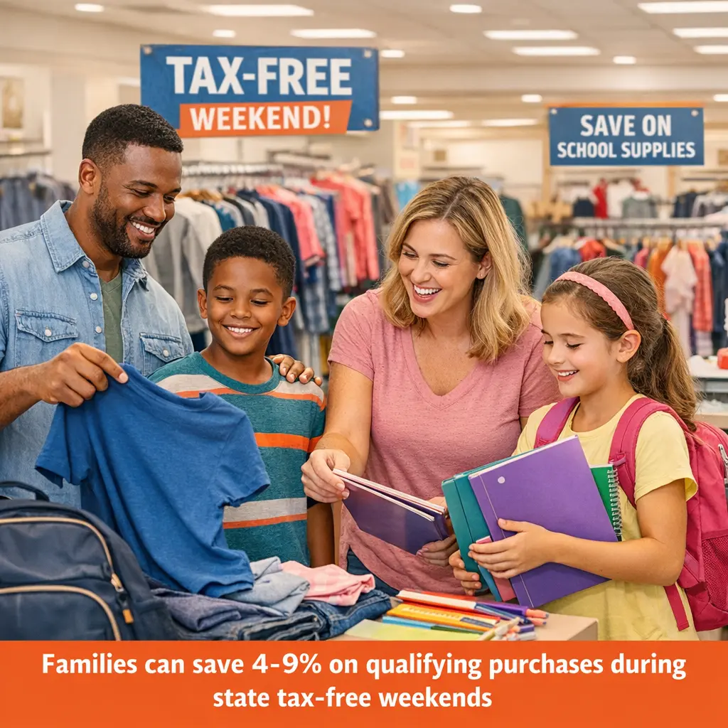 Family shopping for back-to-school clothing and supplies during tax free weekend