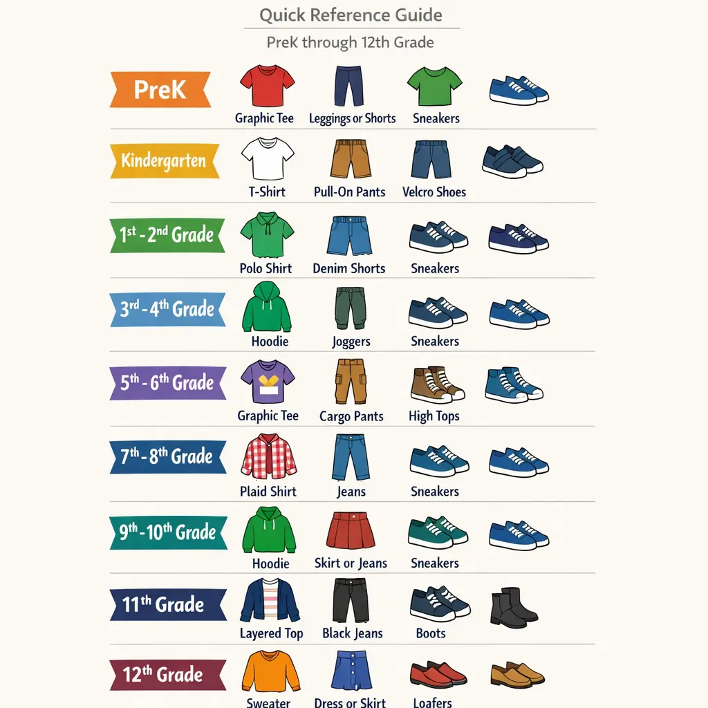 Infographic of first day of school outfit ideas organized by grade level