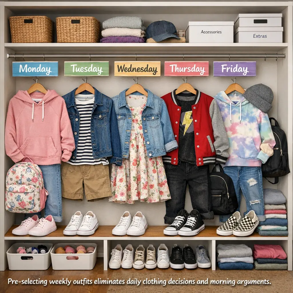 Five school outfits organized and labeled for the week