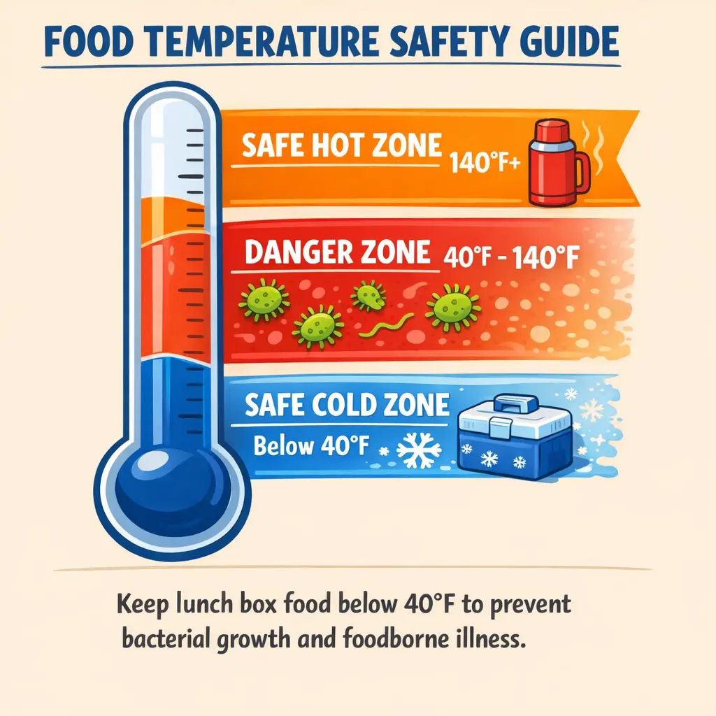Food temperature safety zones showing danger zone and safe cold storage for lunch boxes