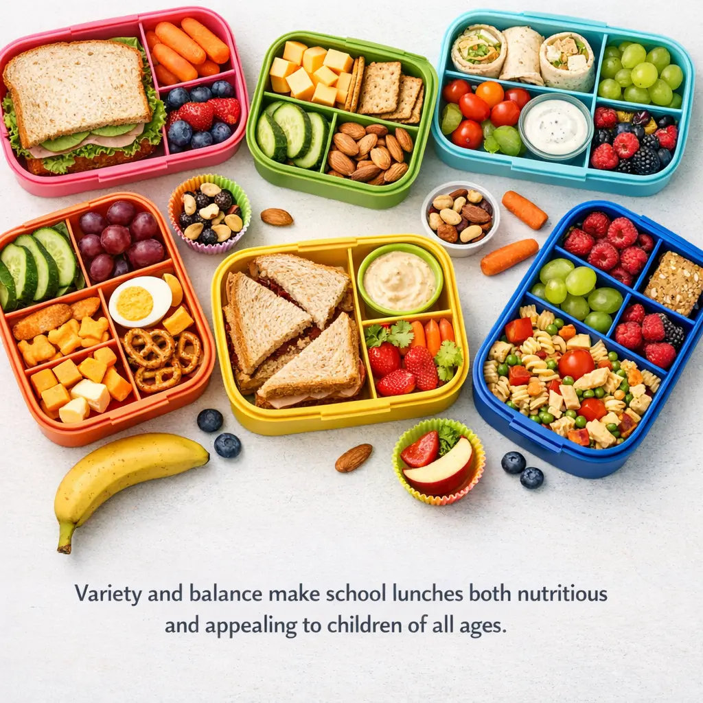 Healthy school lunch ideas in colorful bento boxes with sandwiches fruits vegetables and snacks