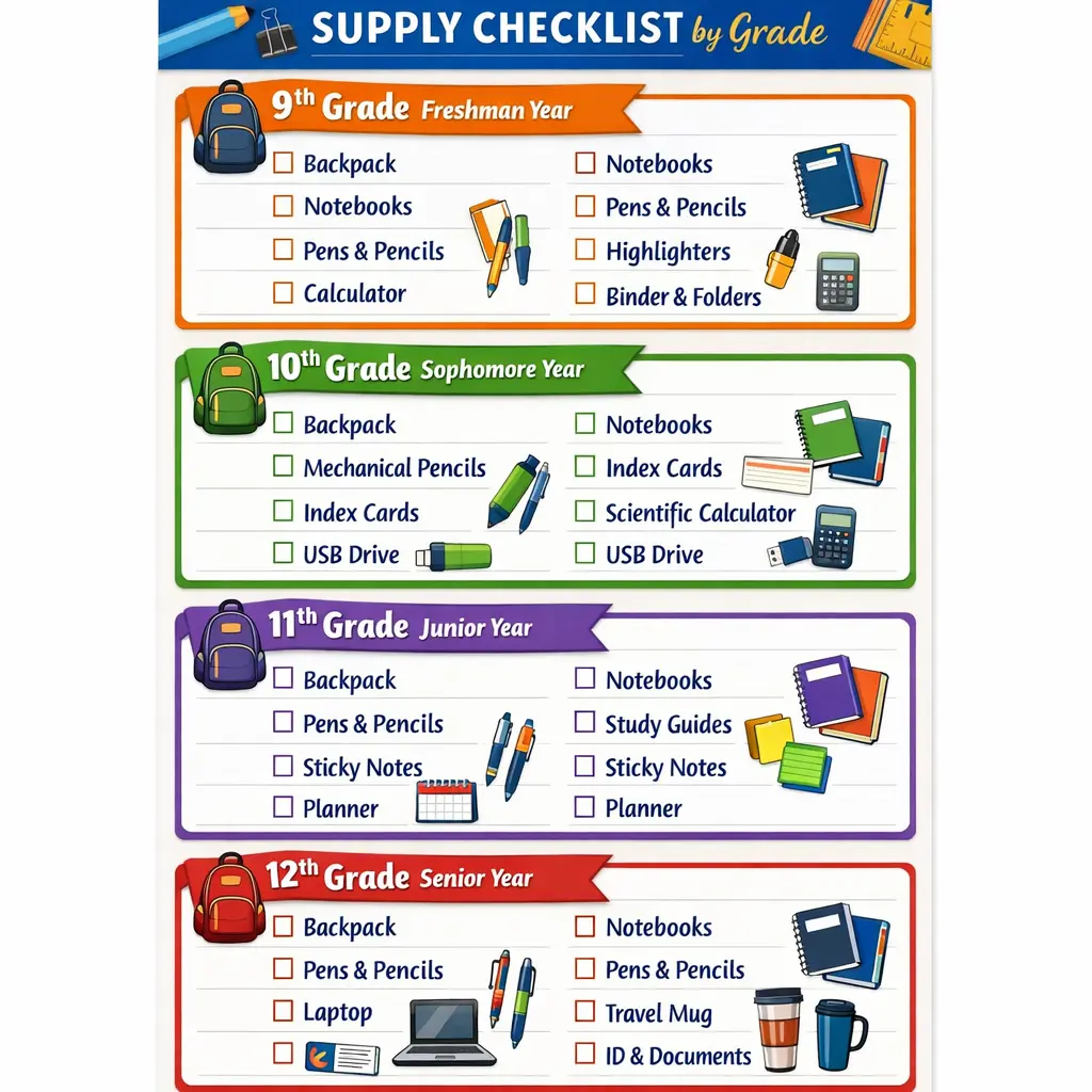 High school supply checklist infographic showing essential items for grades 9-12 with grade-specific requirements
