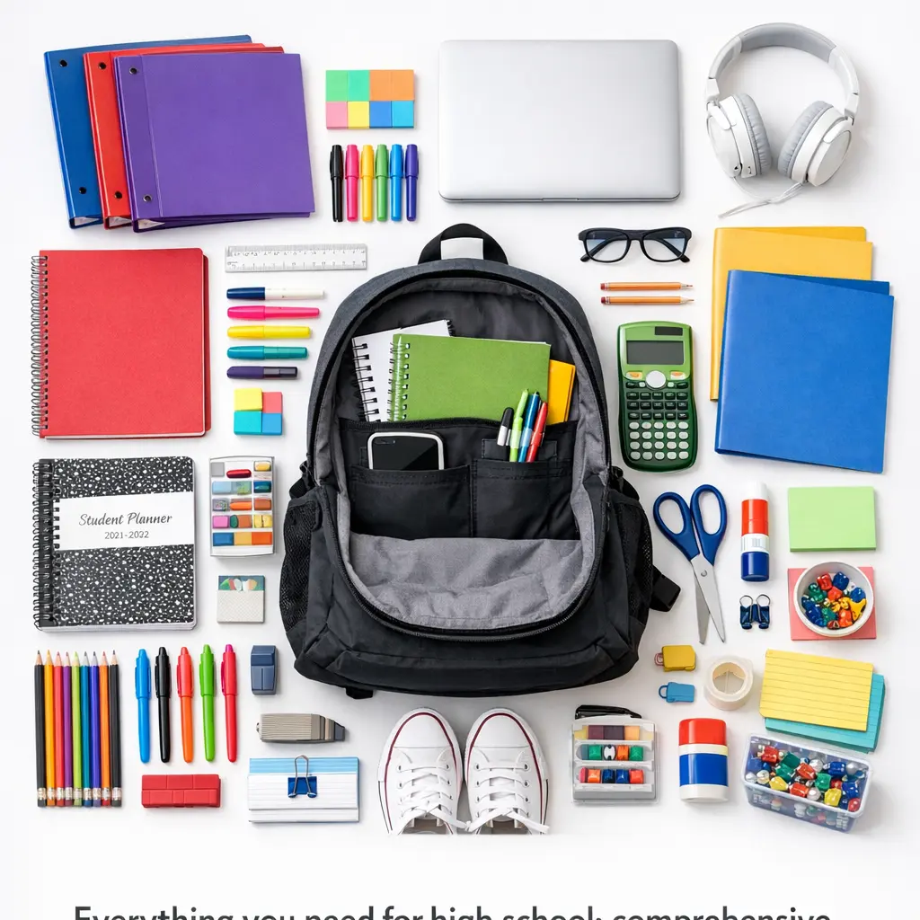 Complete high school supply list with backpack, binders, notebooks, calculator, laptop, and essential school supplies arranged on white background