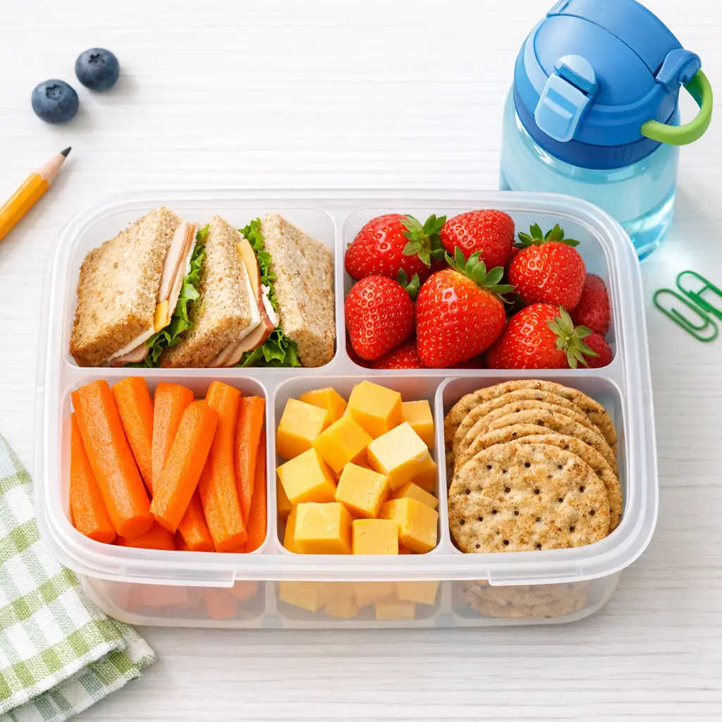 Organized school lunch box with healthy foods including sandwich, fruits, vegetables, and whole grains