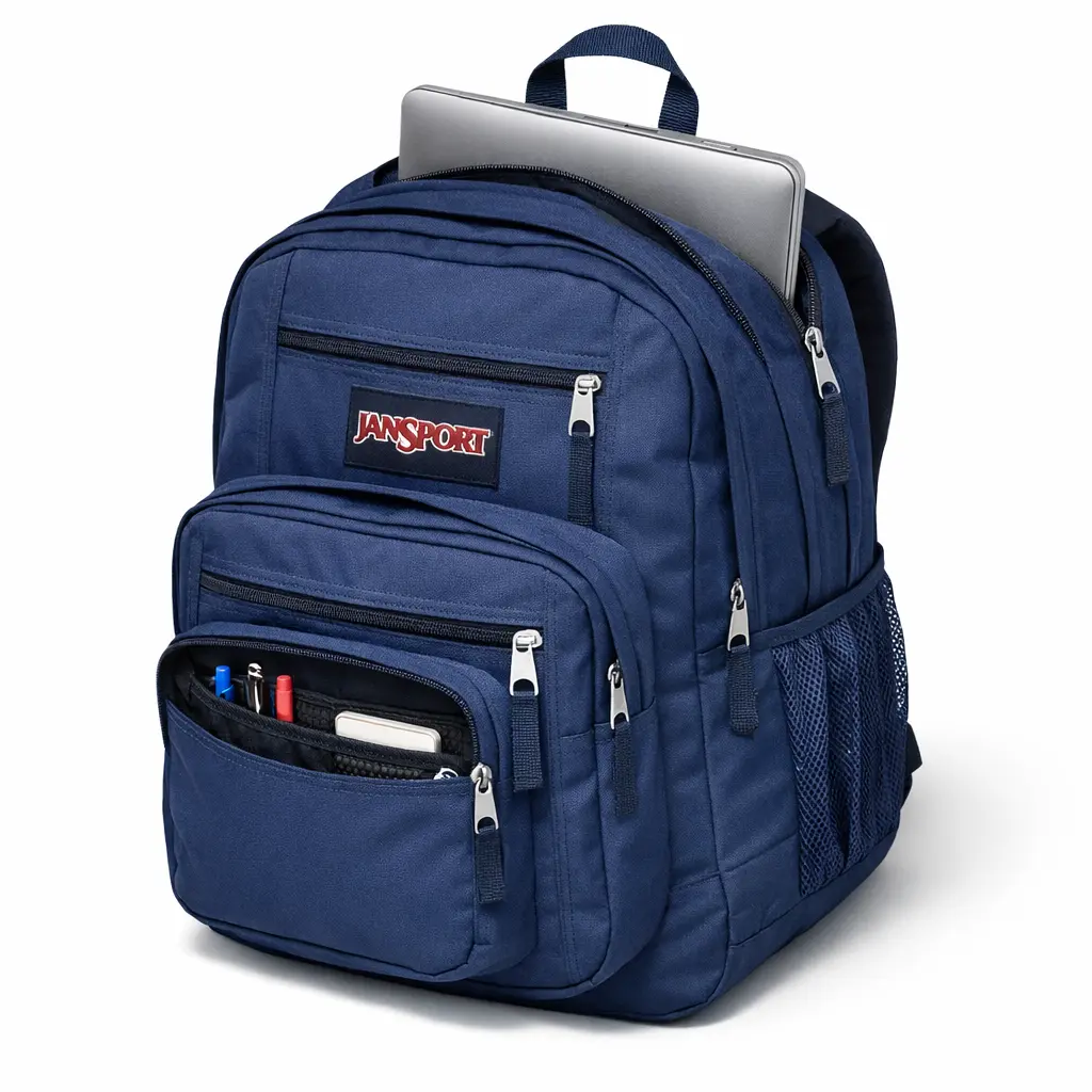 JanSport Big Student backpack in navy blue showing front pockets and laptop compartment