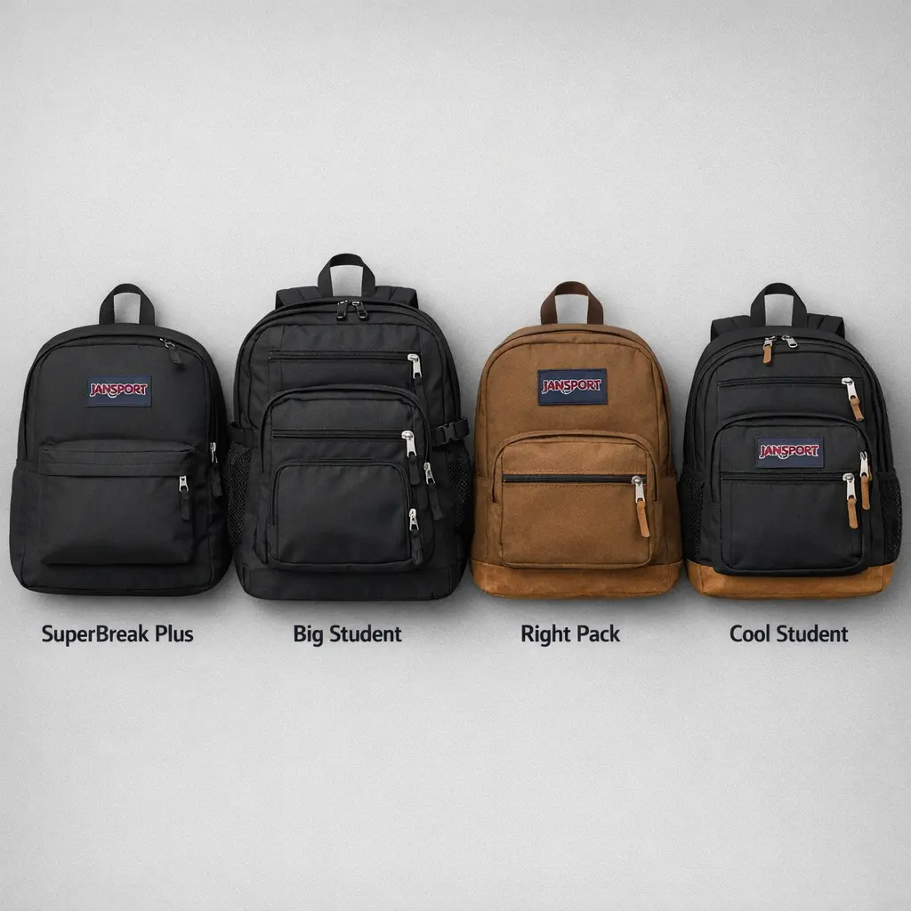 Four JanSport backpack models compared side by side showing size and feature differences