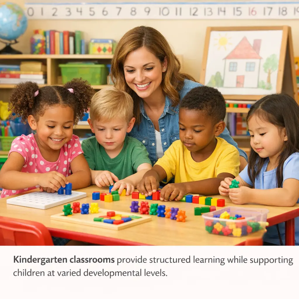 Kindergarten teacher working with students on readiness activities in classroom