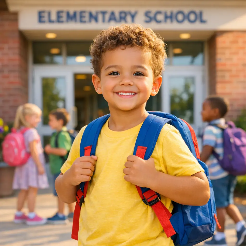 Confident kindergarten-age child with backpack ready to start school, illustrating kindergarten readiness