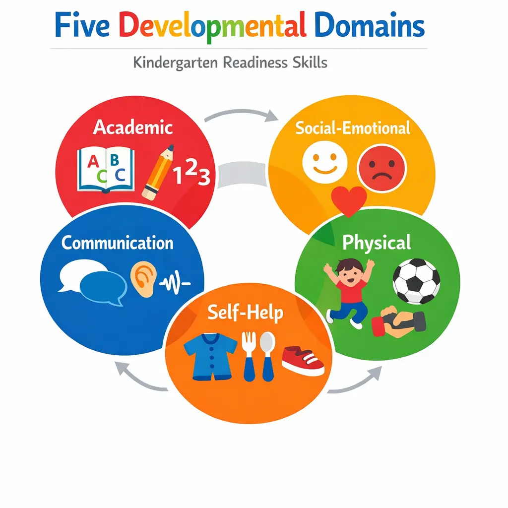 Infographic showing the five developmental domains of kindergarten readiness: academic, social-emotional, physical, communication, and self-help skills