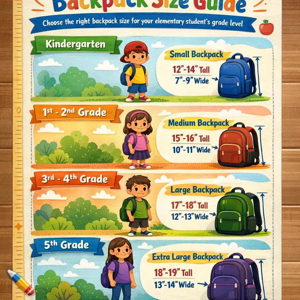 Backpack size guide for elementary school students showing appropriate sizes from kindergarten through fifth grade