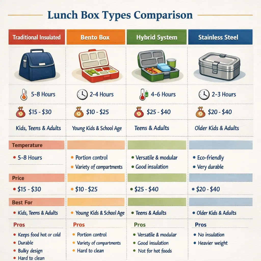 Infographic comparing insulated lunch boxes, bento boxes, hybrid systems, and stainless steel containers