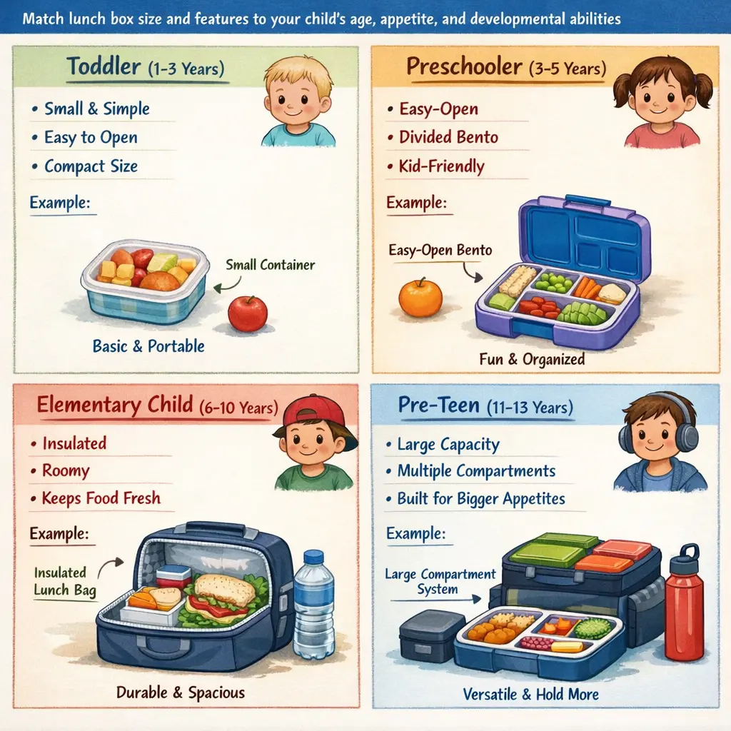Age-appropriate lunch box recommendations from toddler to pre-teen showing size and complexity