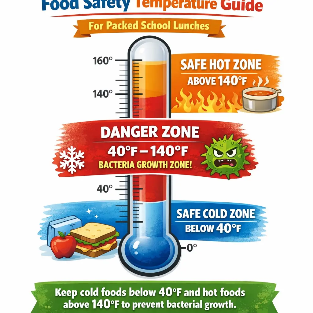 Food safety temperature guide for packed school lunches showing danger zone